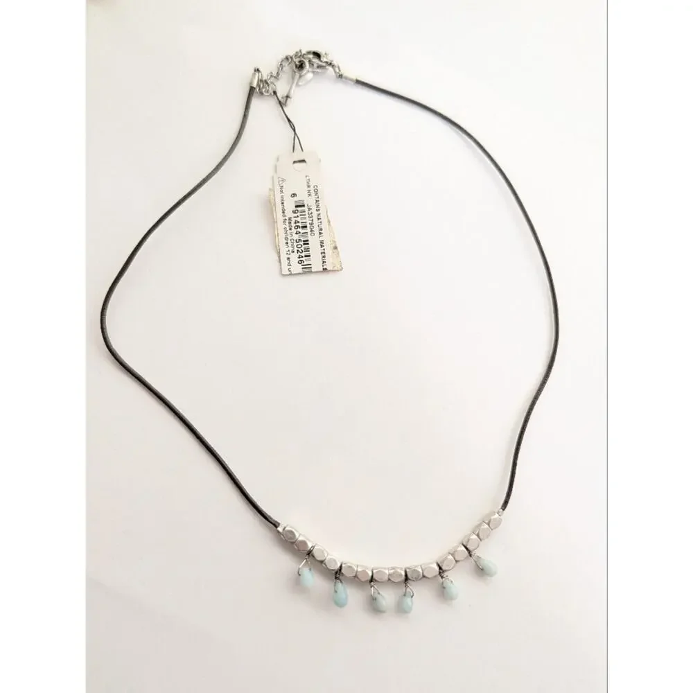 Fossil Silver Blue Tourmaline Wire Wrapped Bohemian Leather Cord Necklace NWT
